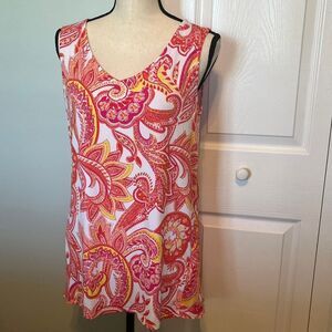 Susan Graver paisley sleeveless peplum blouse size Small liquid‎ knit
